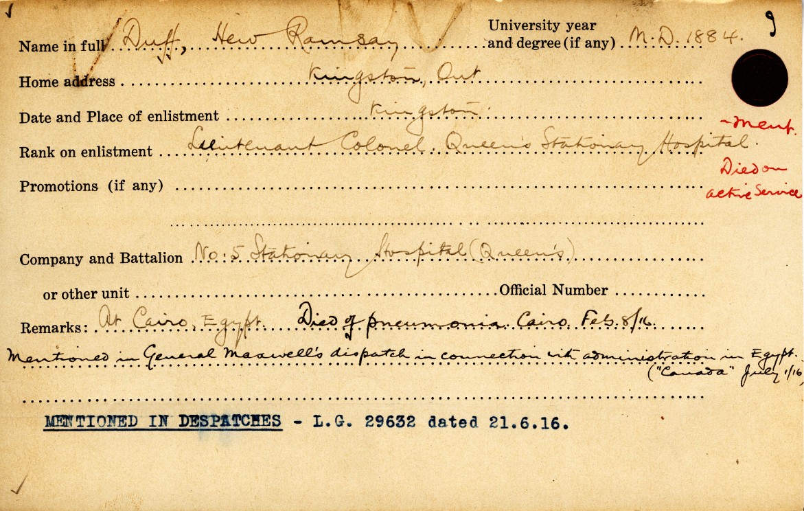 University Military Service Record of Duff