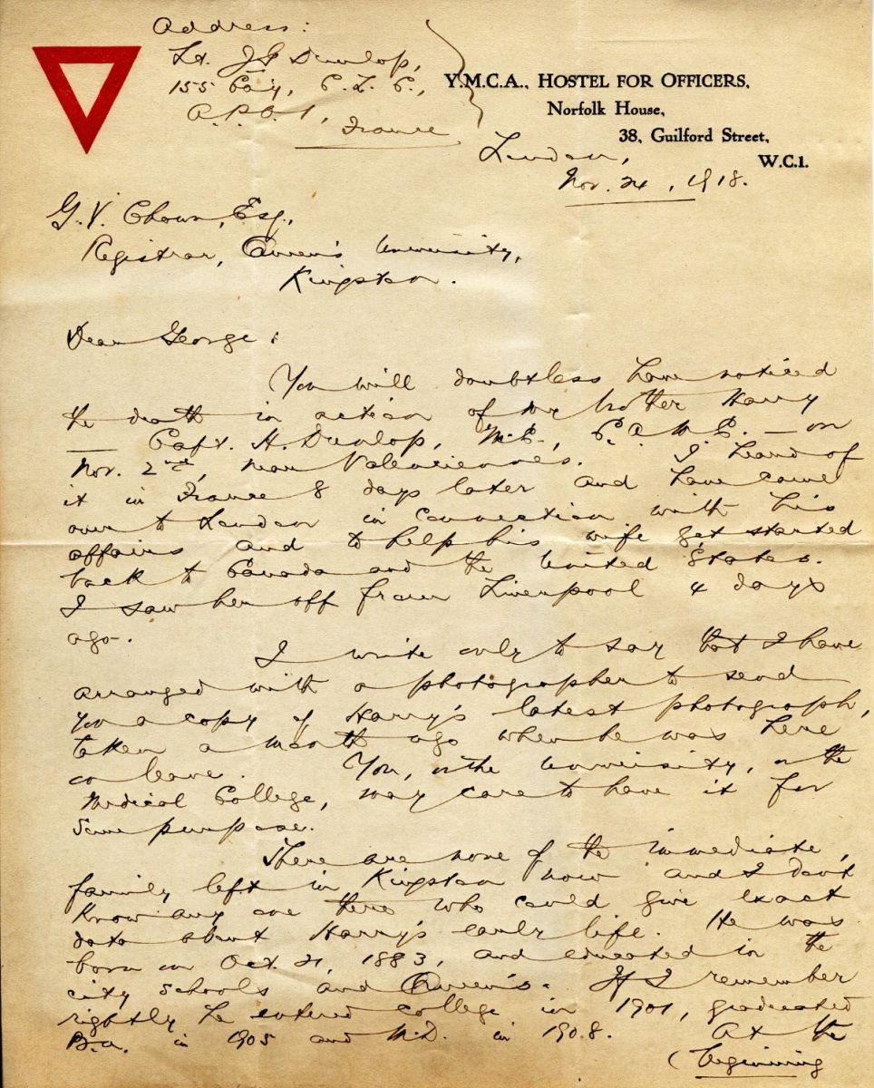 Letter from J.G. Dunlop to G.V. Chown, 21st November 1918, Page 1