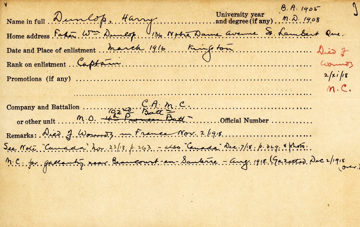 University Military Service Record of Dunlop, Front Page