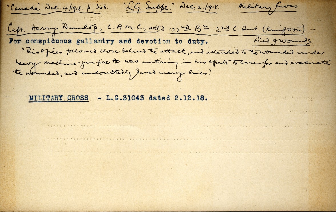 University Military Service Record of Dunlop, Back Page