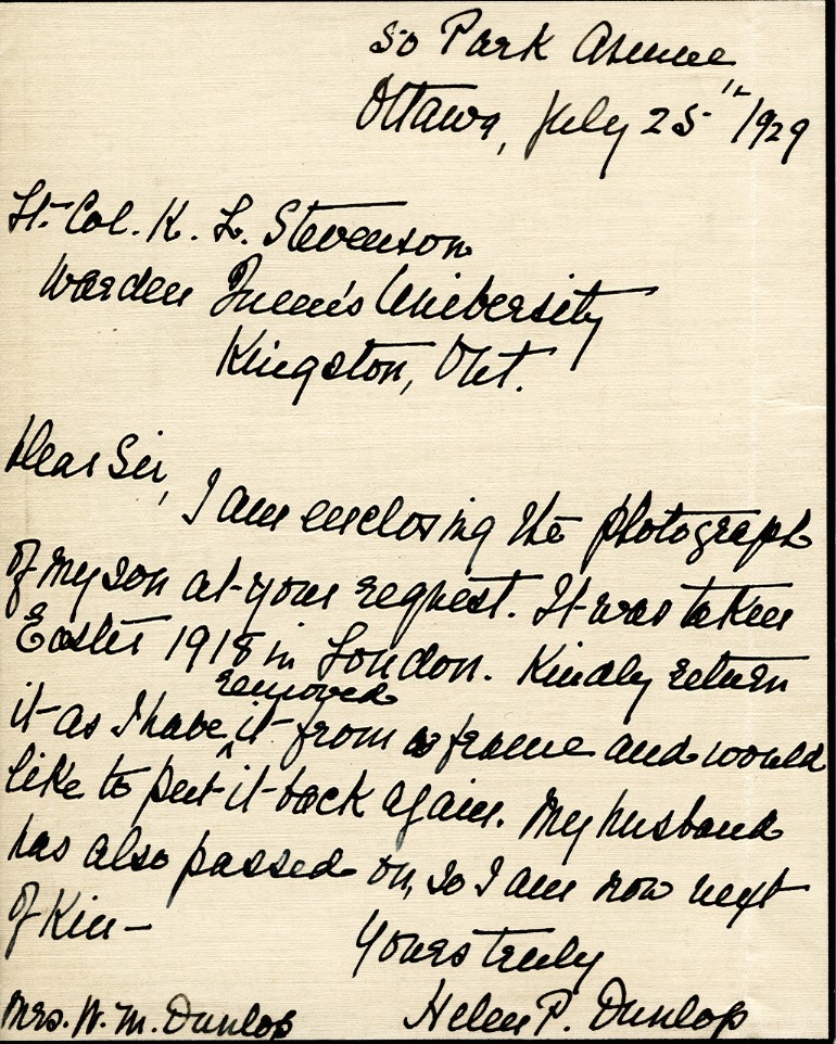 Letter from Helen Dunlop to Lt. Col. K.L. Stevenson, 25th July 1929