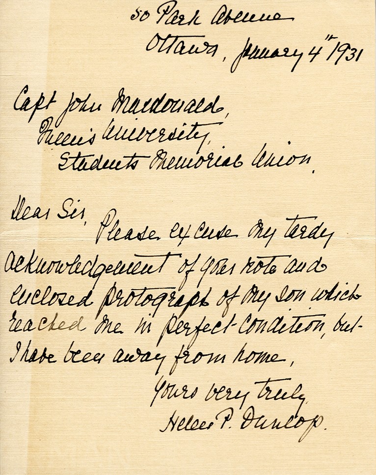 Letter from Helen Dunlop to Capt. John MacDonald, 4th January 1931