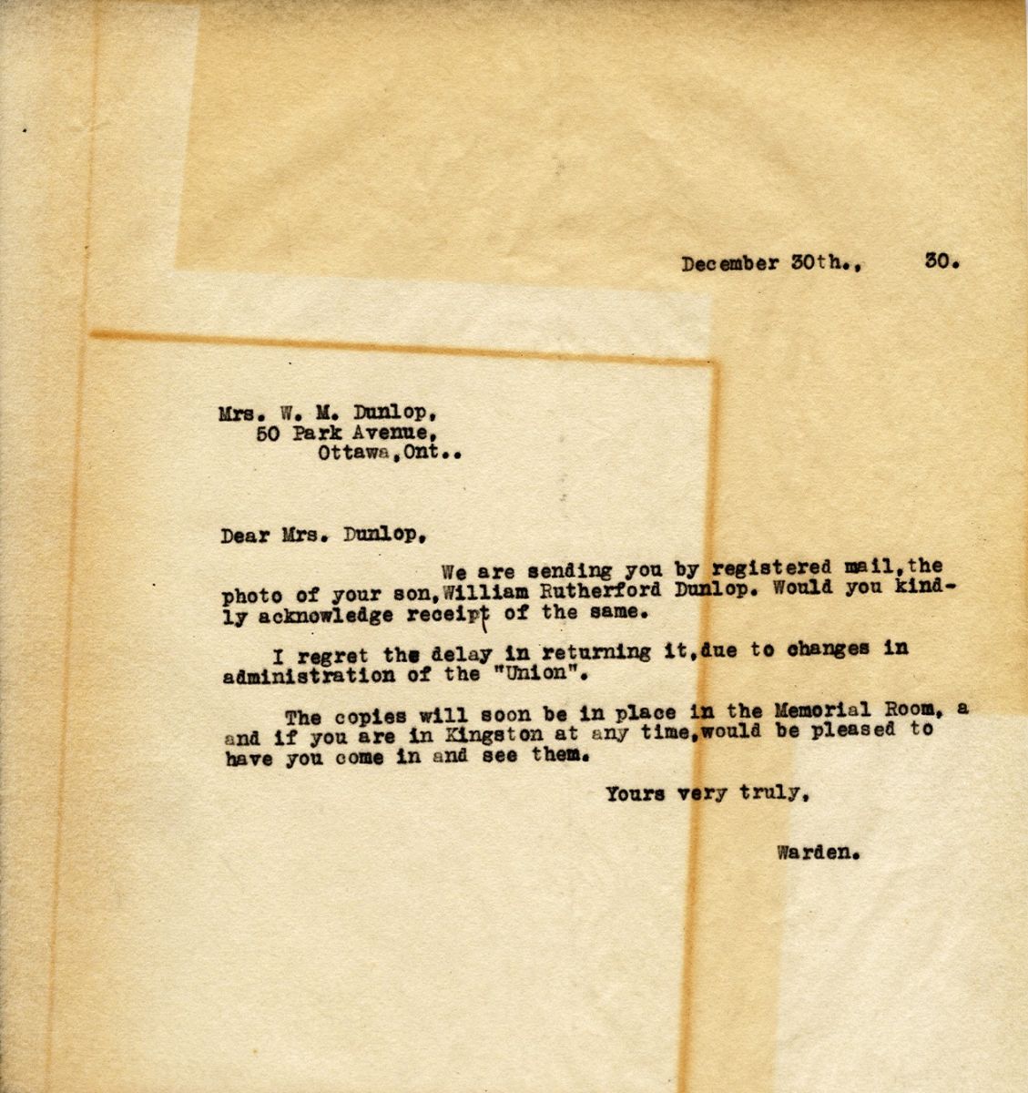Letter from the Warden to Mrs. W.M. Dunlop, 30th December 1930