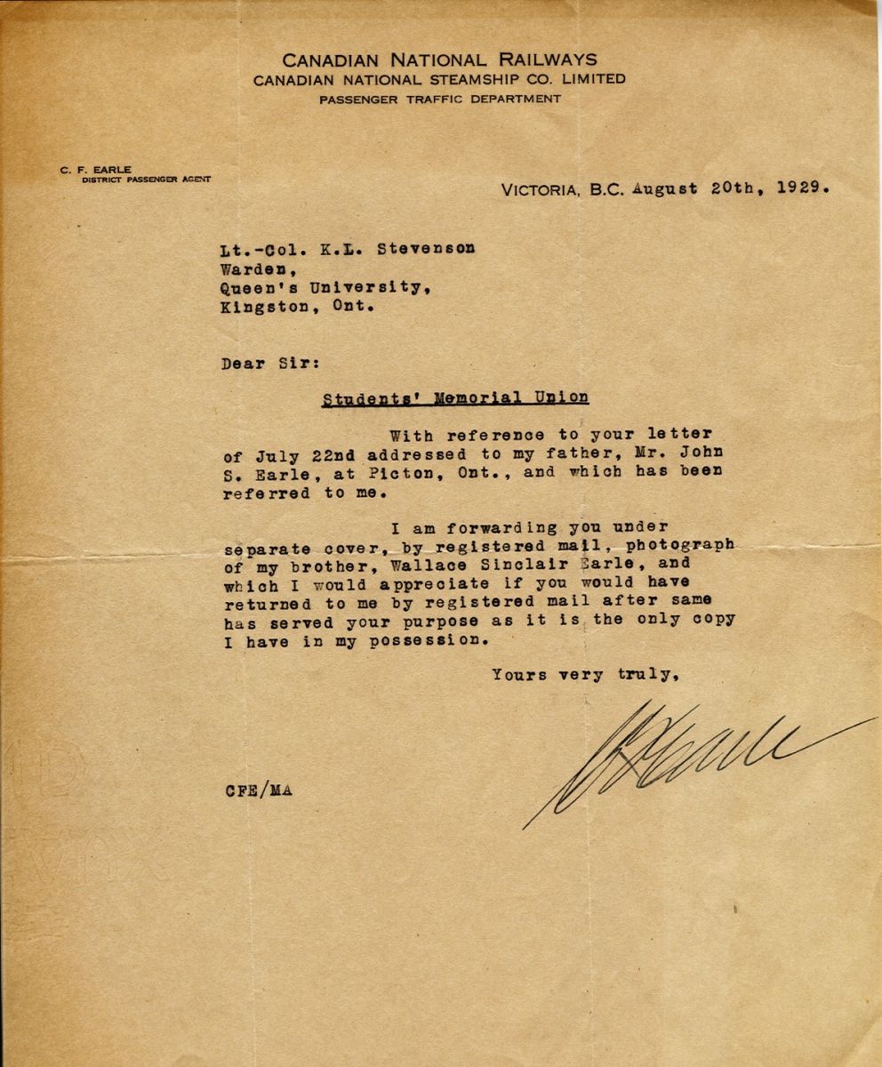 Letter from C.F. Earle to Lt. Col. K.L. Stevenson, 20th August 1929