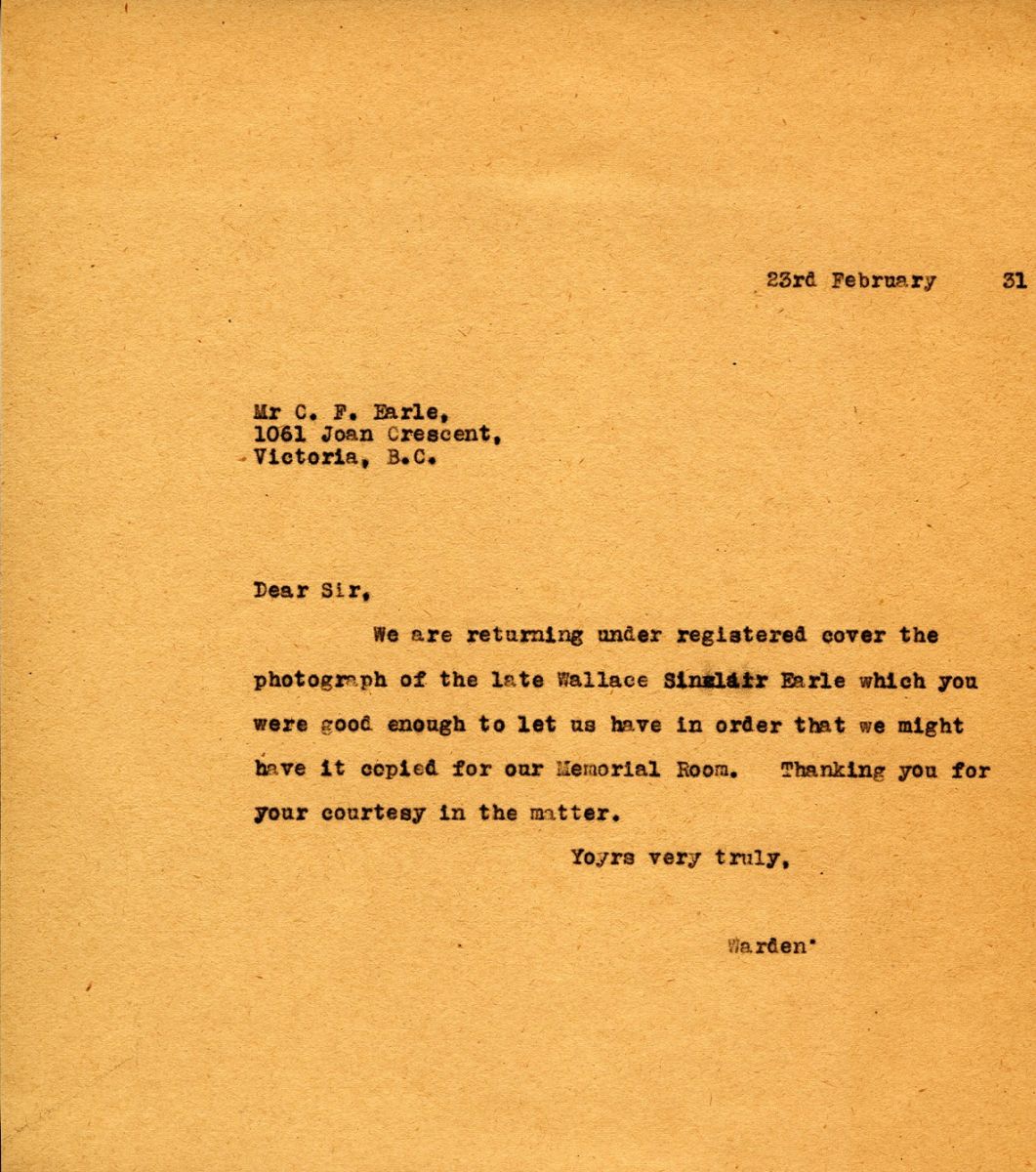 Letter from the Warden to Mr. C.F. Earle, 23rd February 1931