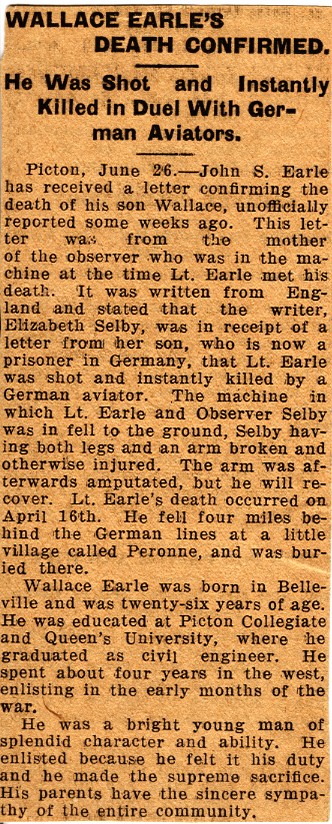 News Clipping Reporting Death of Earle