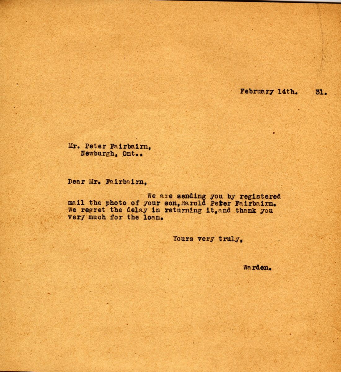 Letter from the Warden to Peter Fairbairn, 14th February 1931