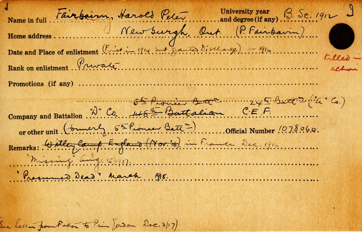 University Military Service Record of Fairbairn