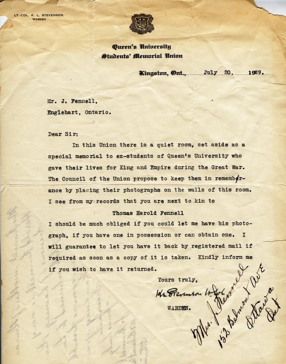 Letter from the Warden to Mr. J. Fennell, 20th July 1929