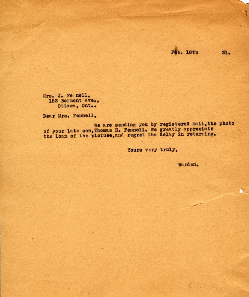Letter from the Warden to Mrs. J. Fennell, 18th February 1931