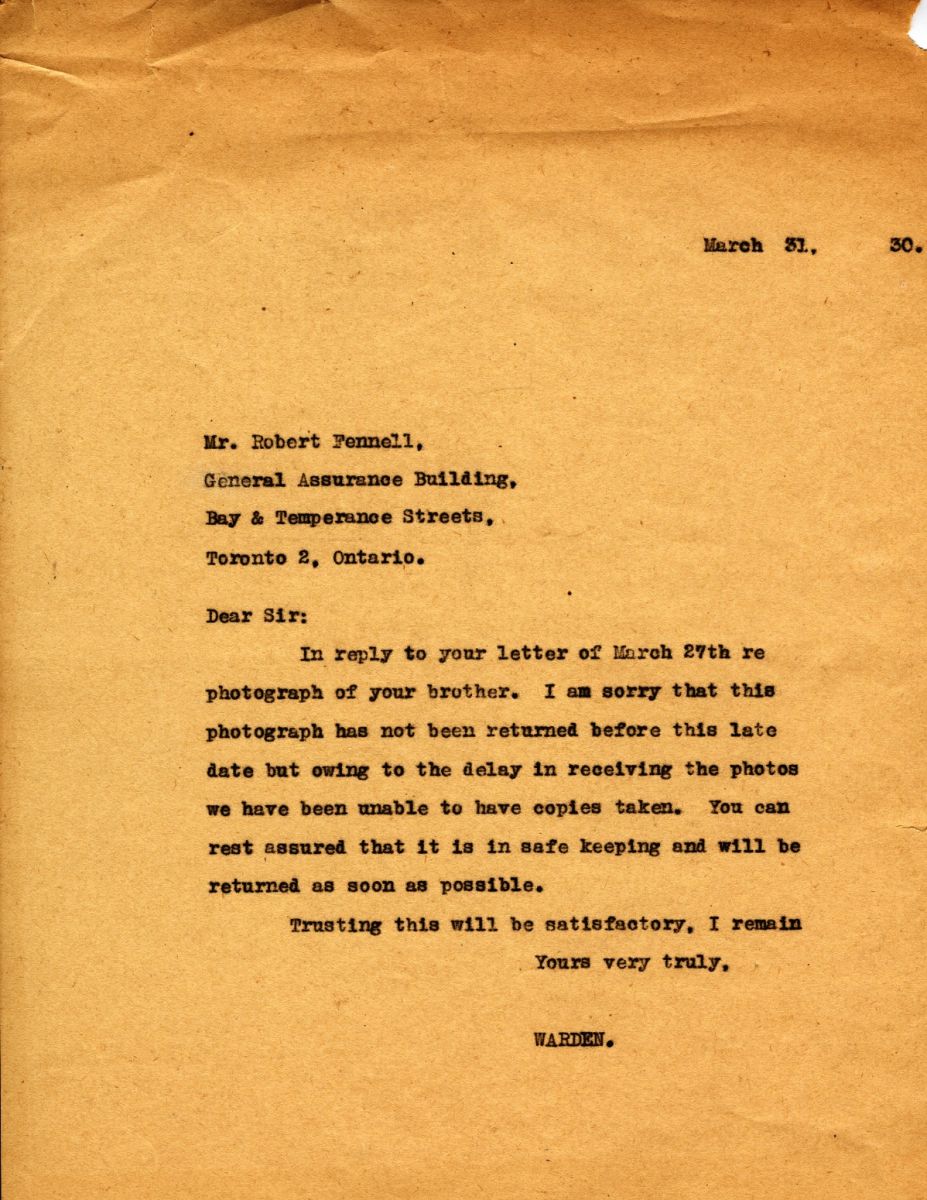 Letter from the Warden to Mr. Robert Fennell, 31st March 1930