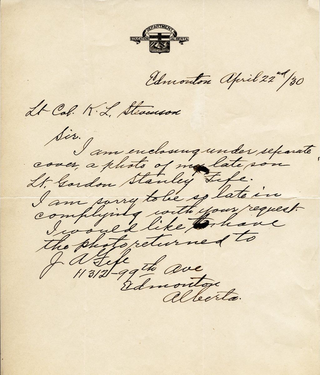 Letter from J.A. Fife to Lt. Col. K.L. Stevenson, 22nd April 1930