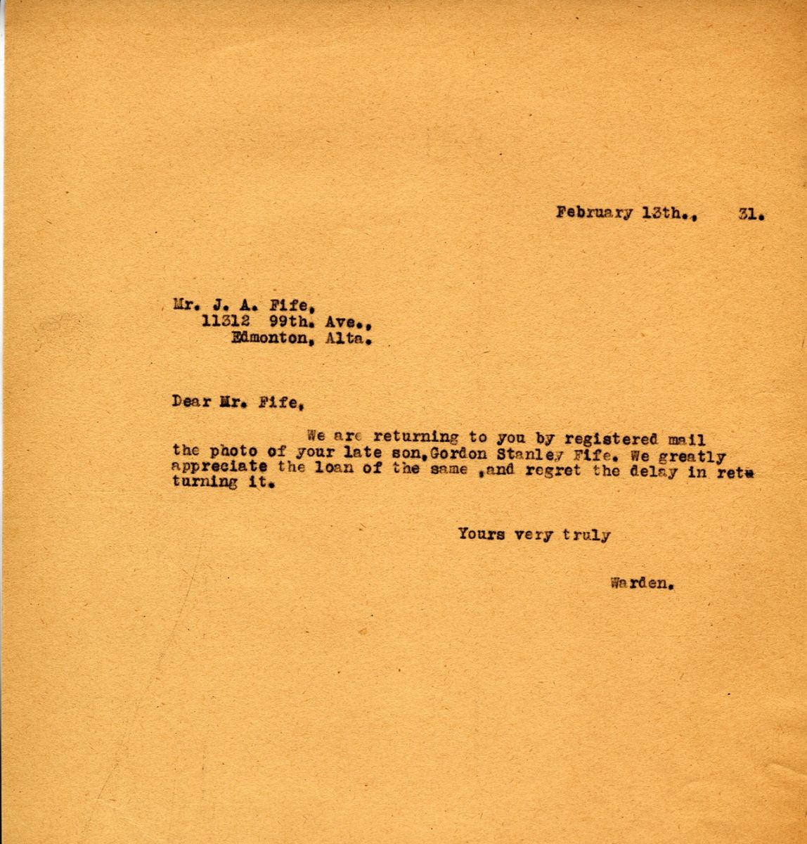 Letter from the Warden to Mrs. J.A. Fife, 13th February 1931