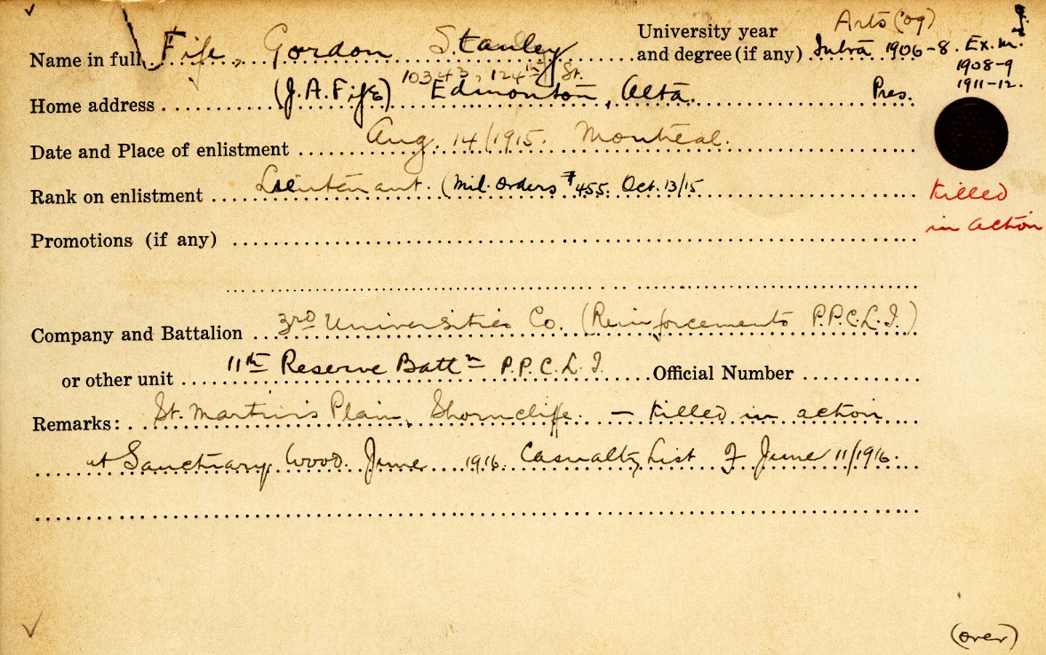University Military Service Record of Fife, Front Page