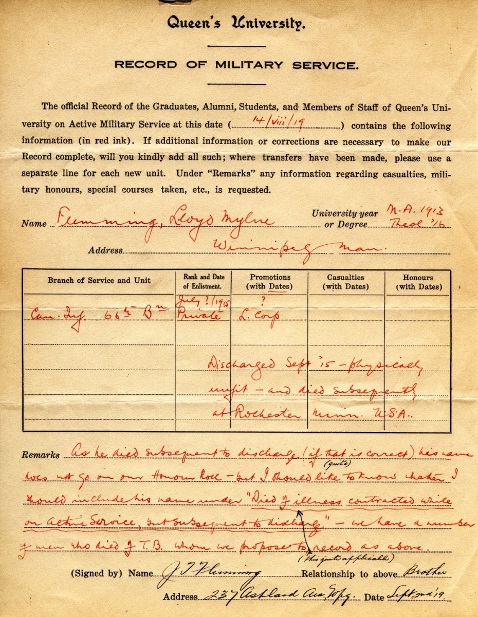 Flemming, Queens's University Record of Military Service