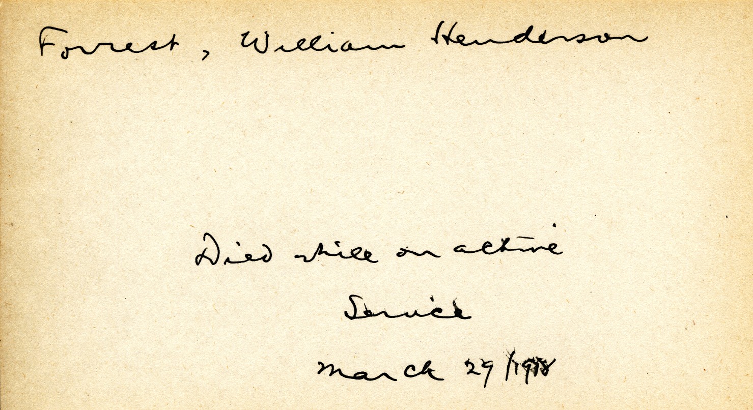 Card Describing Cause of Death of William Henderson Forrest, 29th March 1918