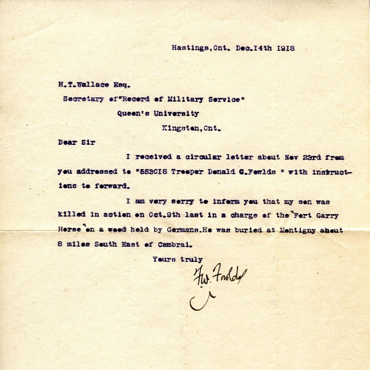 Letter from F.W. Fowlds to H.T. Wallace Esq. 14th December 1918