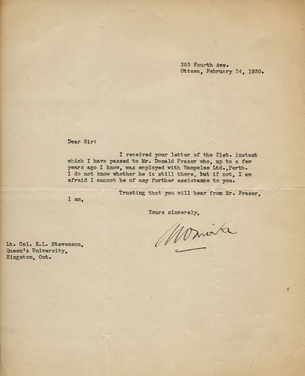 Letter from Unknown Person to Lt. Col. K.L. Stevenson, 24th February 1930