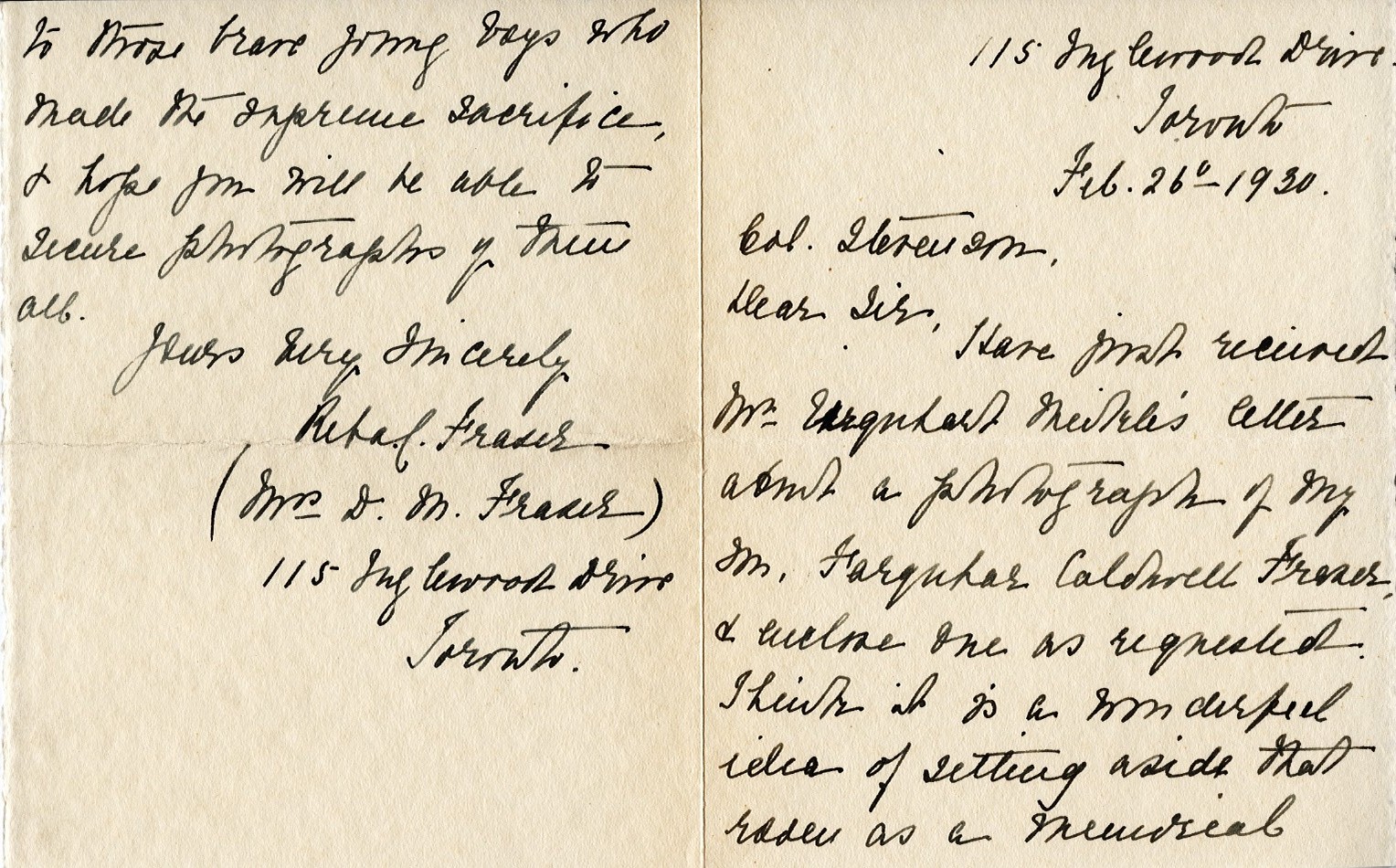 Letter from Mrs. D.M. Fraser to Lt. Col. K.L. Stevenson, 26th February 1930