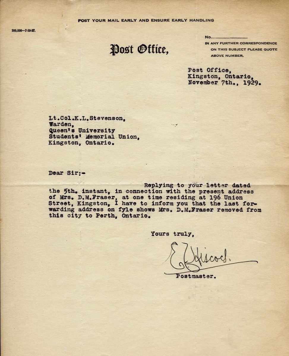 Letter from the Postmaster to Lt. Col. K.L. Stevenson, 7th November 1929
