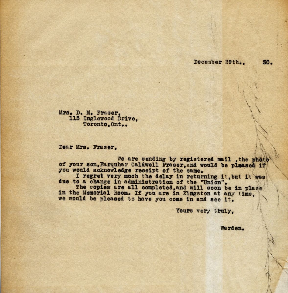 Letter from the Warden to Mrs. D.M. Fraser, 29th December 1930