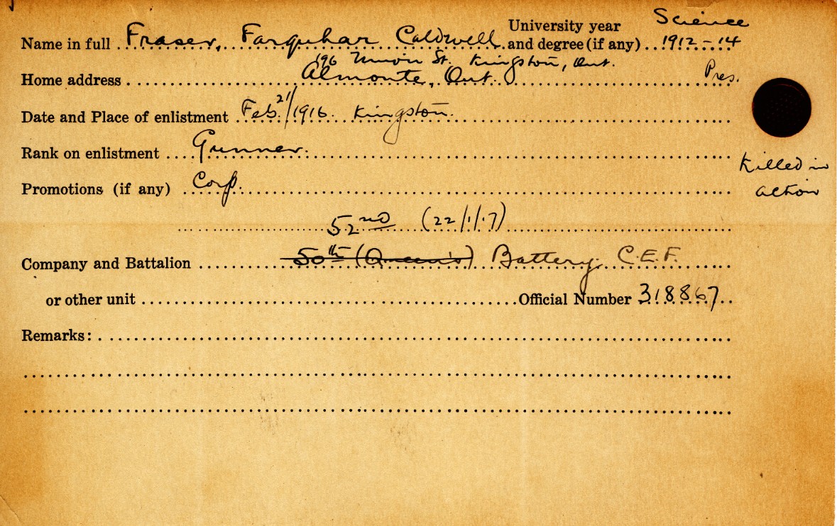 University Military Service Record of Fraser
