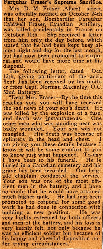 News Clipping Reporting Death of Fraser