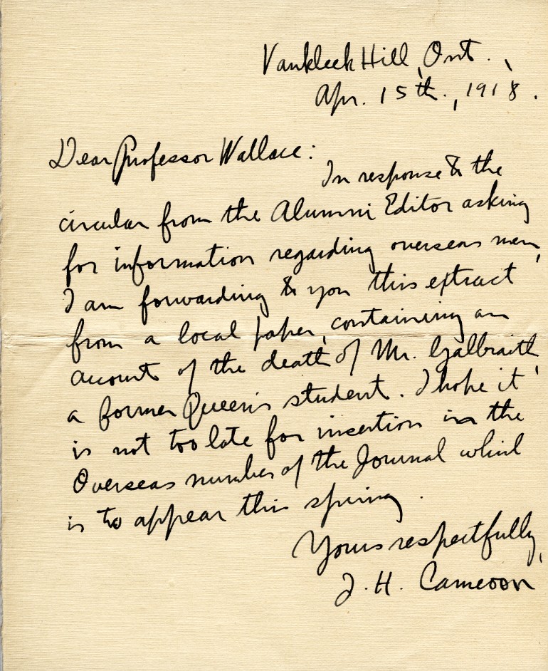 Letter from J.H. Cameron to Prof. Wallace, 15th April 1918