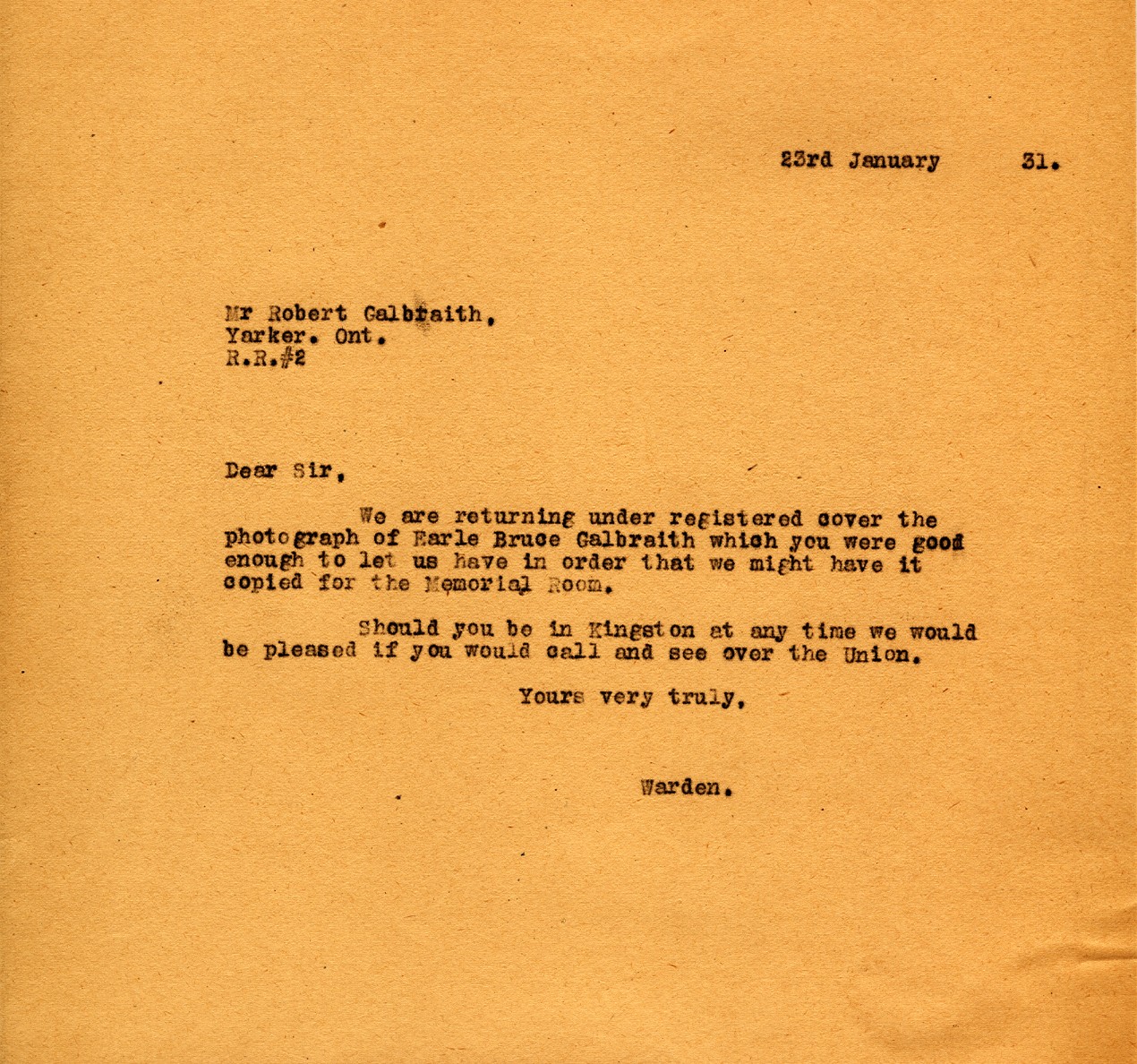 Letter from the Warden to Mr. Robert Galbraith, 23rd January 1931
