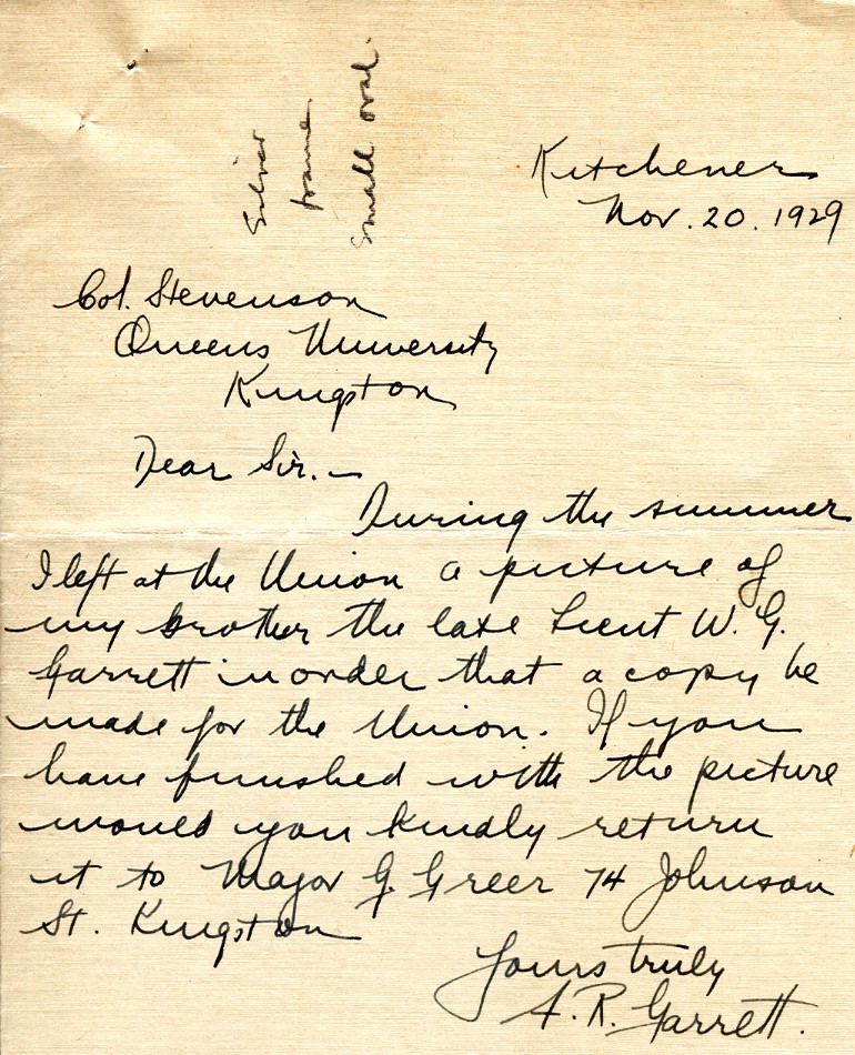 Letter from A.R. Garrett to Lt. Col. K.L. Stevenson, 20th November 1929
