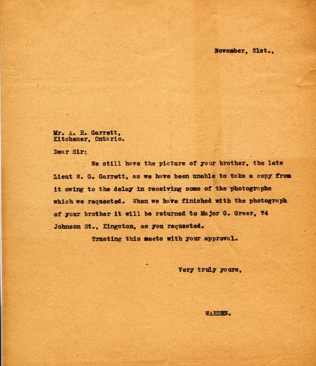 Letter from the Warden to Mr. A.R. Garrett, 21st November