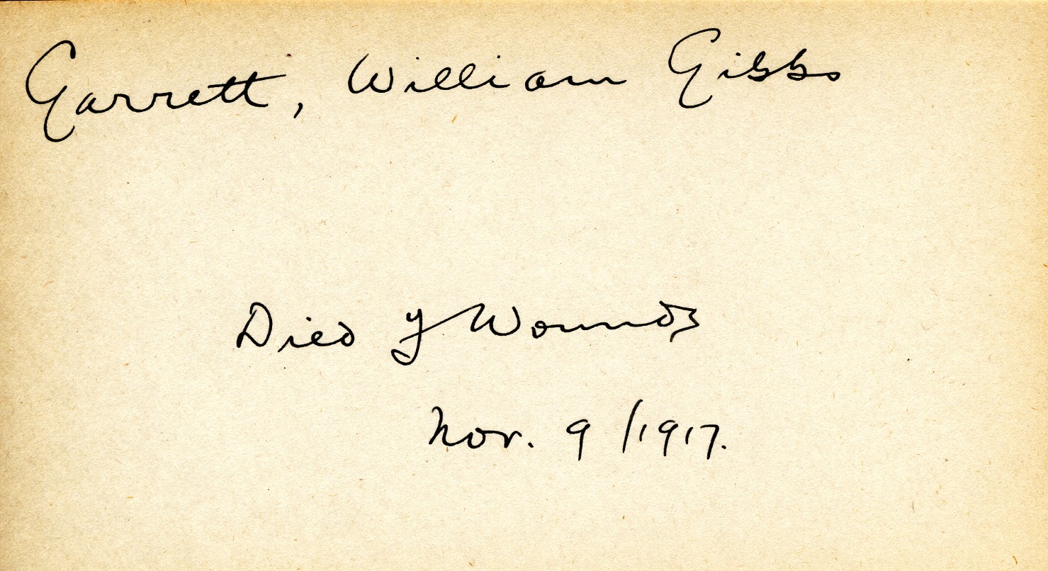 Card Describing Cause of Death of Garrett, 9th November, 1917