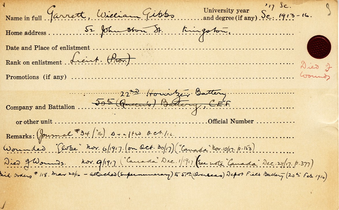 University Military Service Record of Garrett