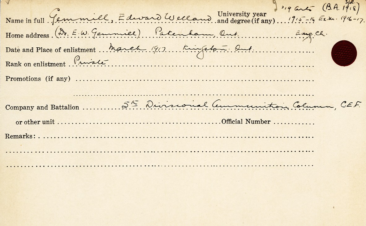 University Military Service Record of Gemmill