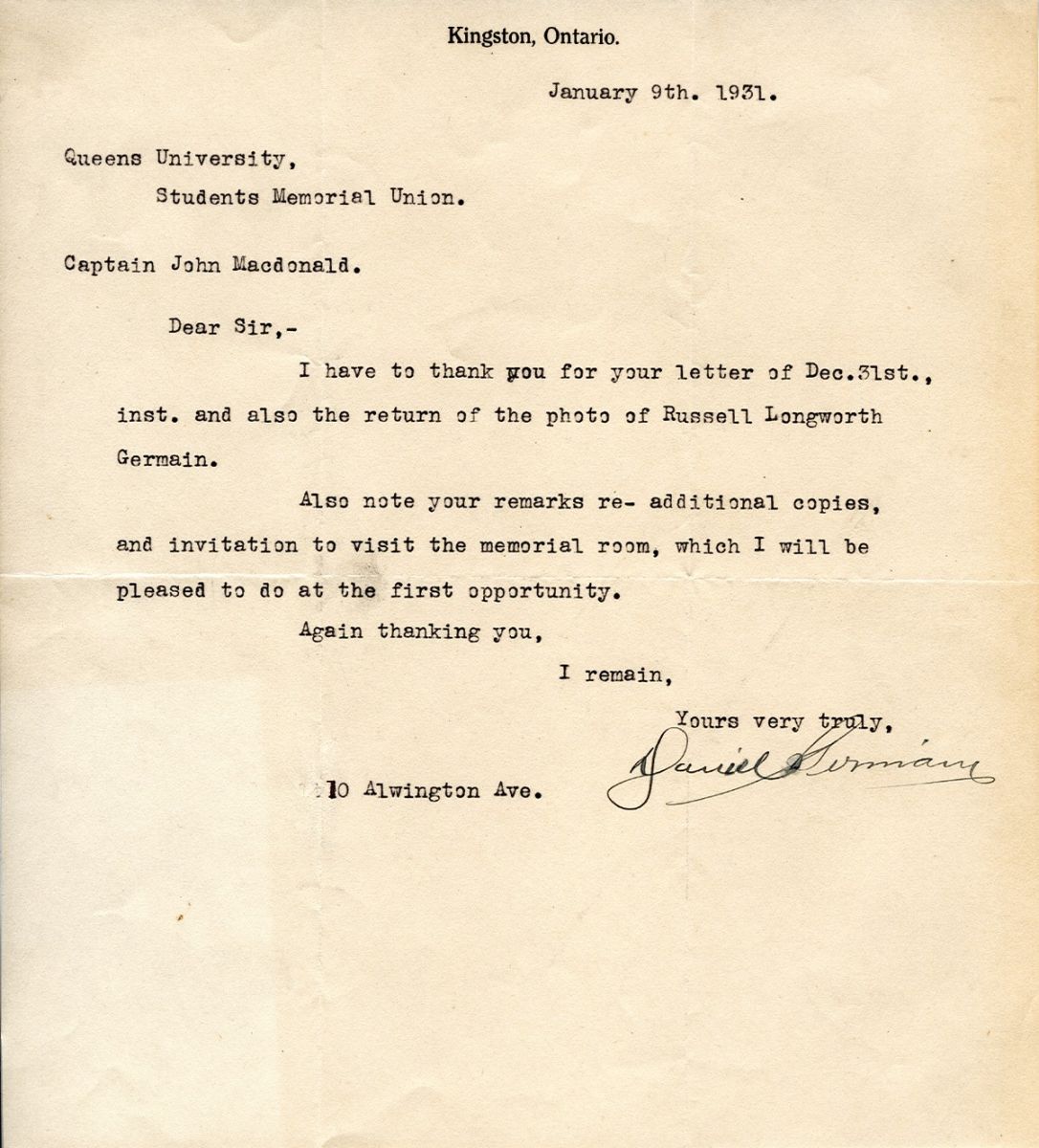 Letter from Daniel Germain to Capt. John MacDonald, 19th January 1931