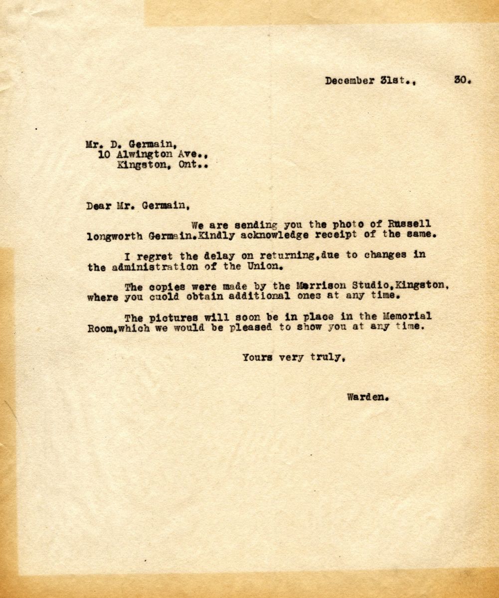 Letter from the Warden to Mr. D. Germain, 31st December 1930