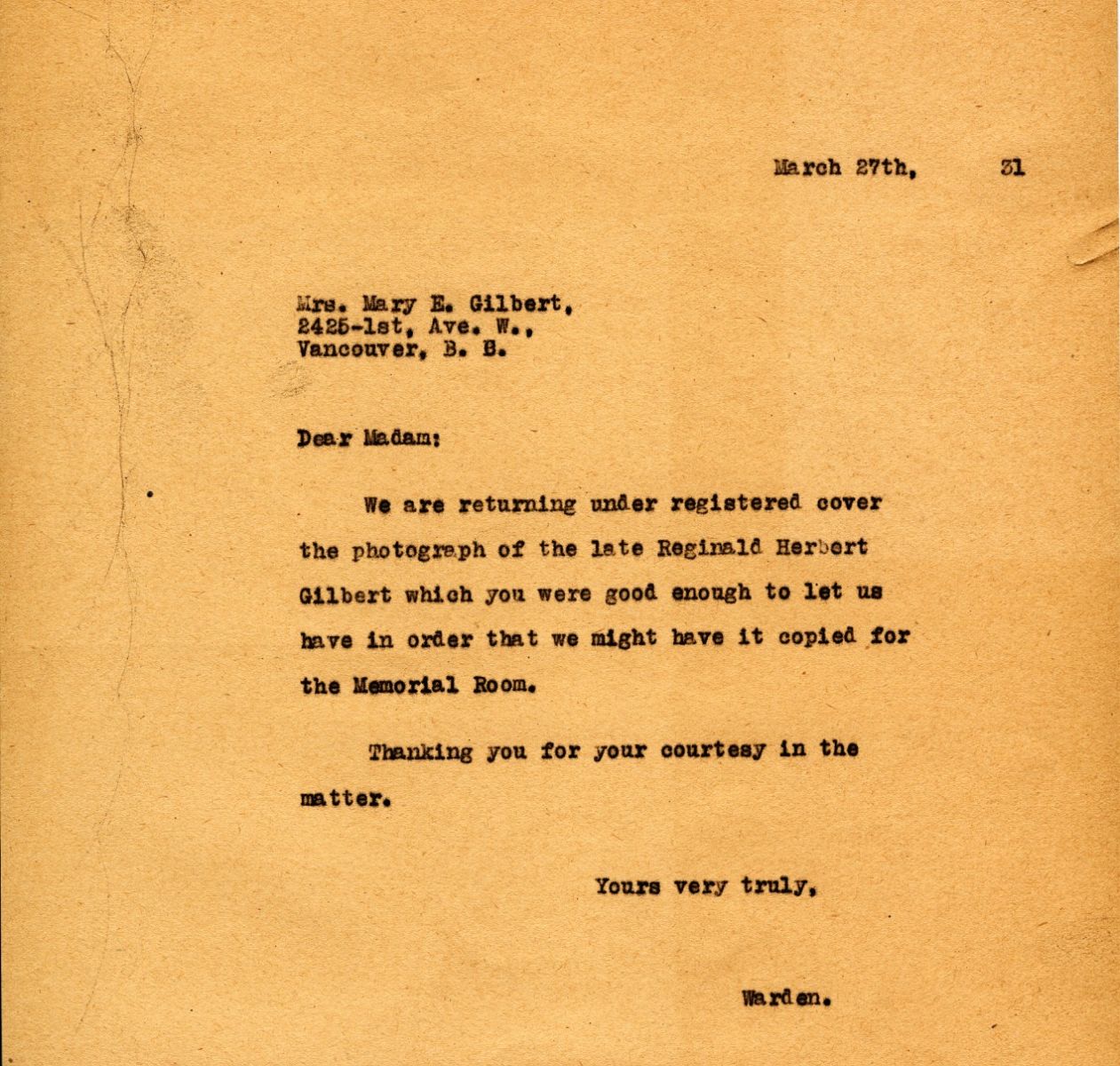 Letter from the Warden to Mrs. Mary E. Gilbert, 27th March 1931
