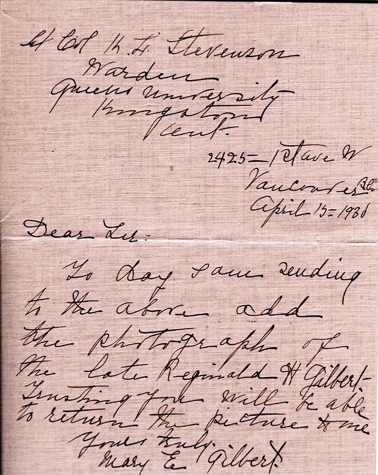 Letter from Mary E. Gilbert to Lt. Col. K.L. Stevenson, 15th April 1930