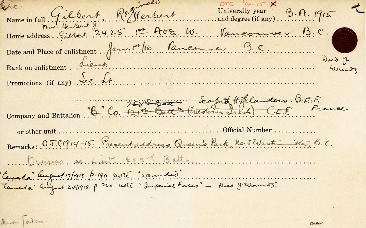 University Military Service Record of Gilbert, Front Page