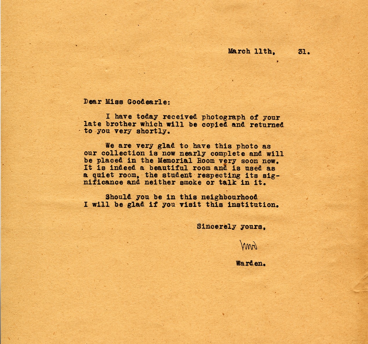 Letter from the Warden to Miss Goodearle, 11th March 1931