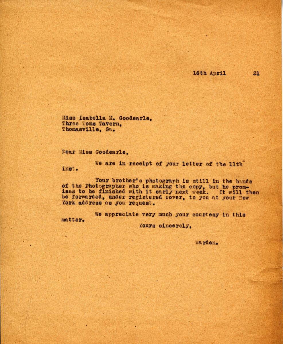Letter from the Warden to Miss Isabella M. Goodearle, 16th April 1931