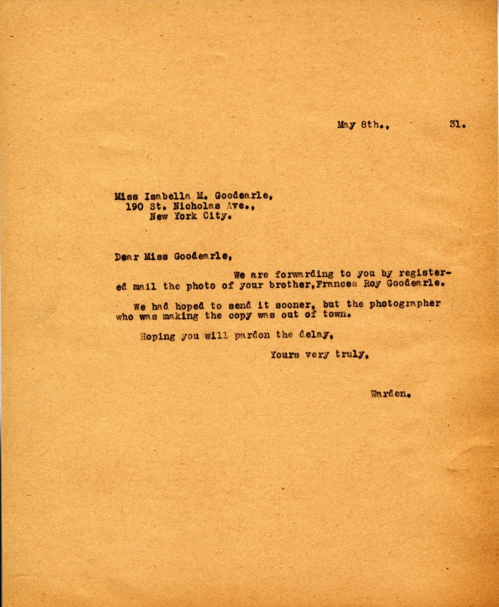 Letter from the Warden to Miss Isabella M. Goodearle, 8th May 1931
