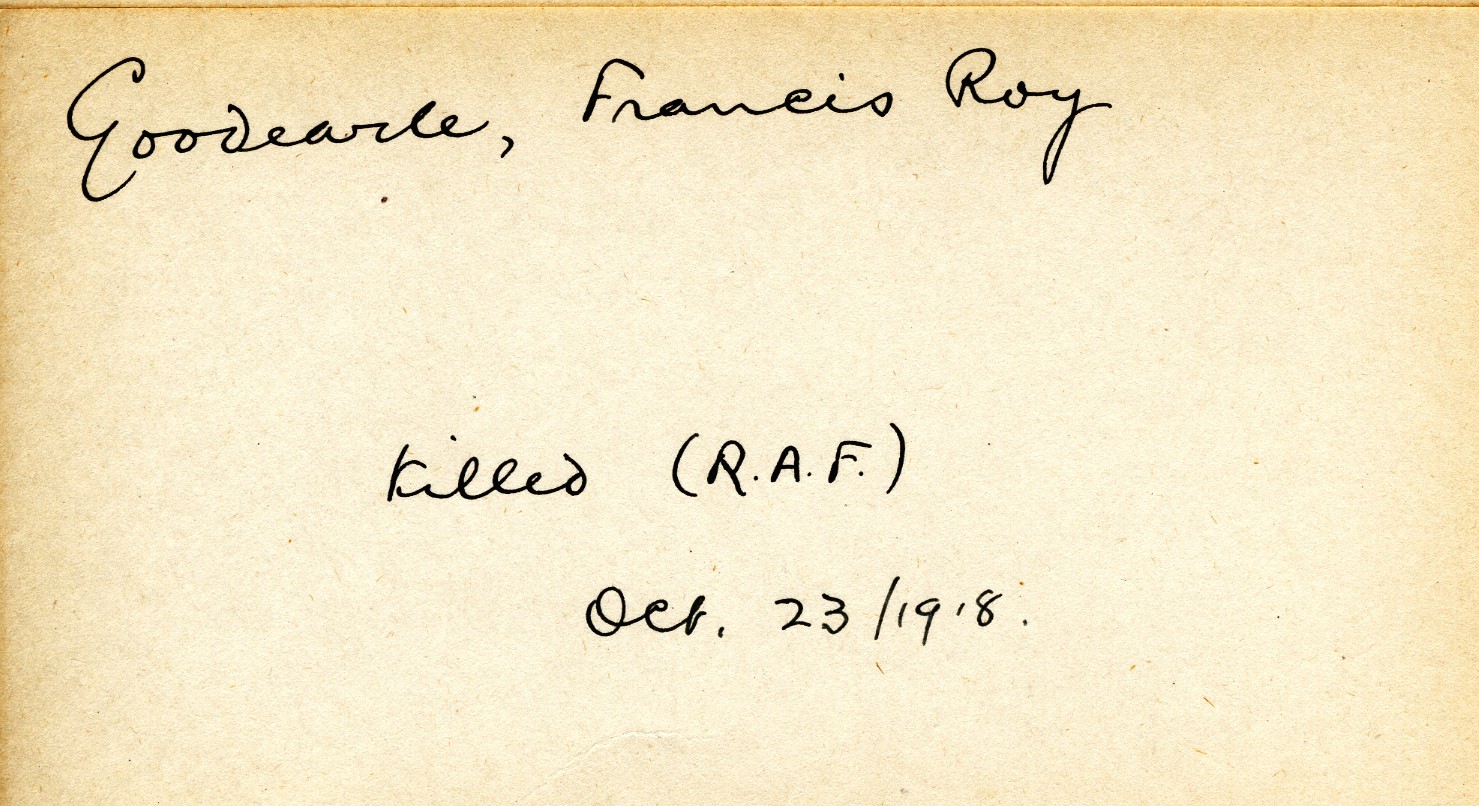 Card Describing Cause of Death of Goodearle, 23rd October 1918