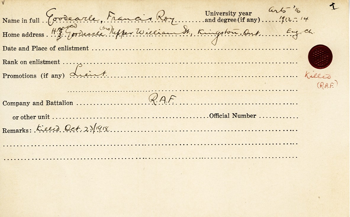 University Military Service Record of Goodearle