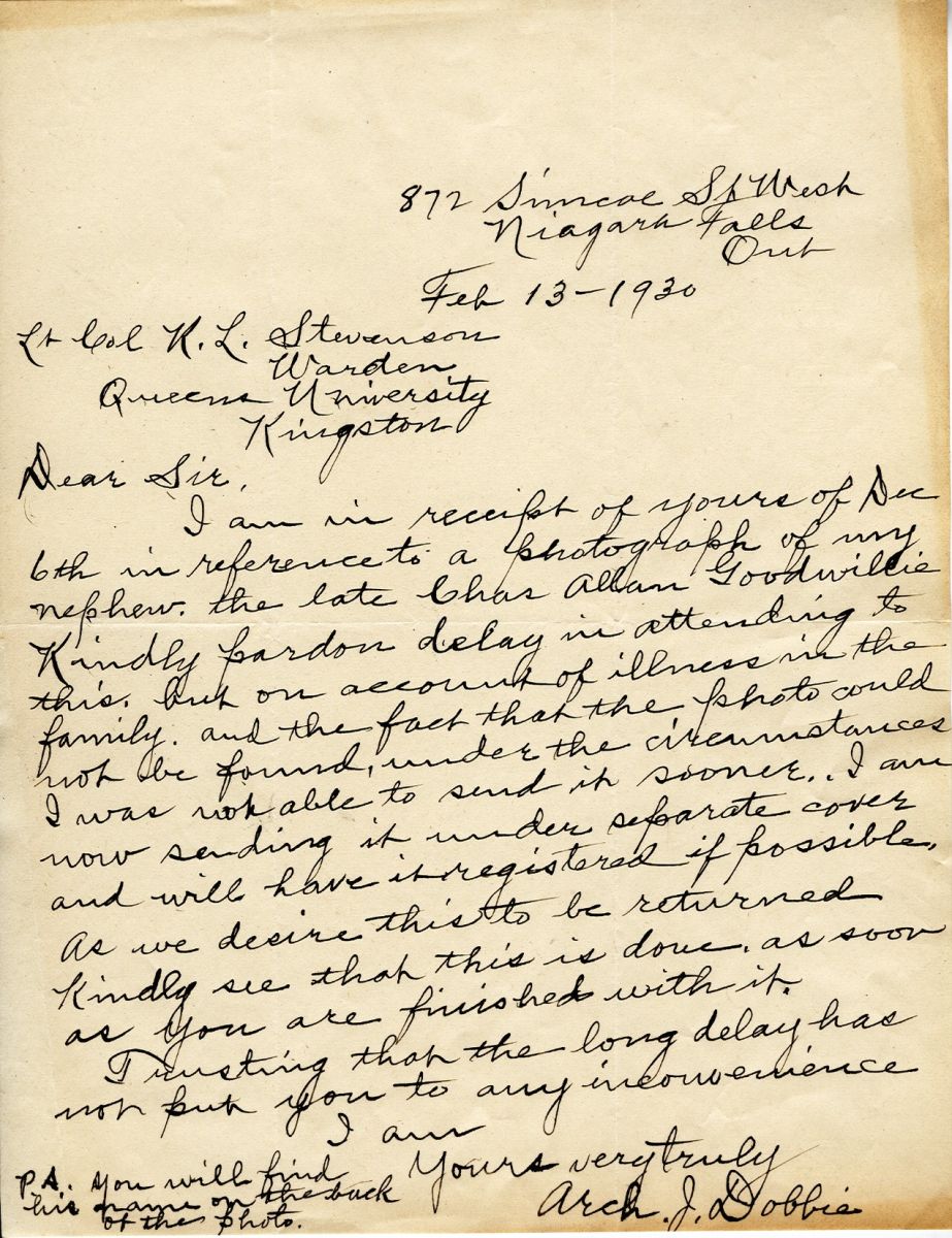 Letter from Arch. J. Dobbie to Lt. Col. K.L. Stevenson, 13th February 1930