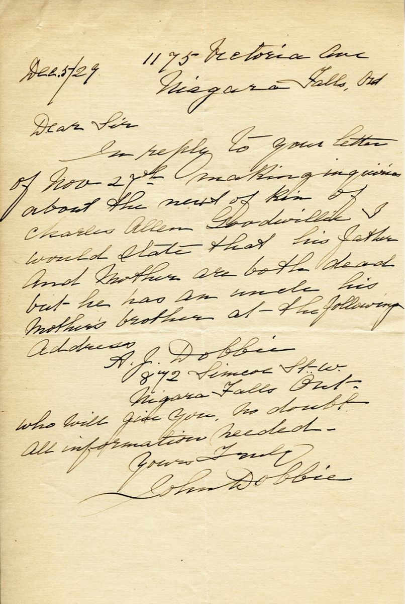 Letter from John Dobbie, 5th December 1929