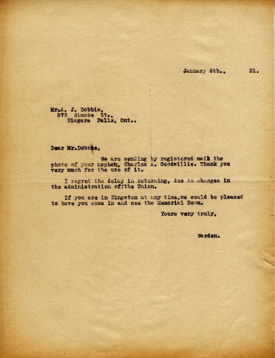 Letter from the Warden to Mr. A.J. Dobbie, 6th January 1931