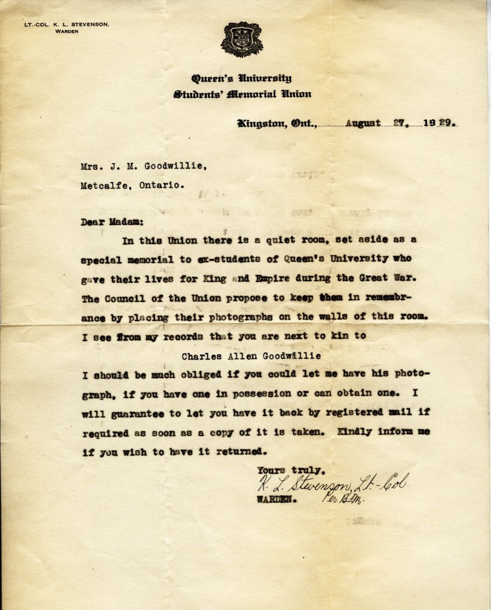 Letter from the Warden to Mrs. J.M. Goodwillie, 27th August 1929