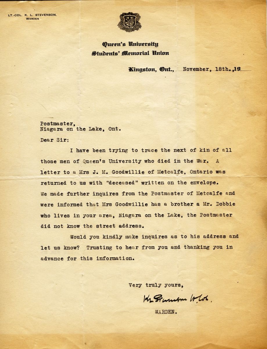 Letter from the Warden to the Postmaster of Niagara on the Lake, 18th November 1919