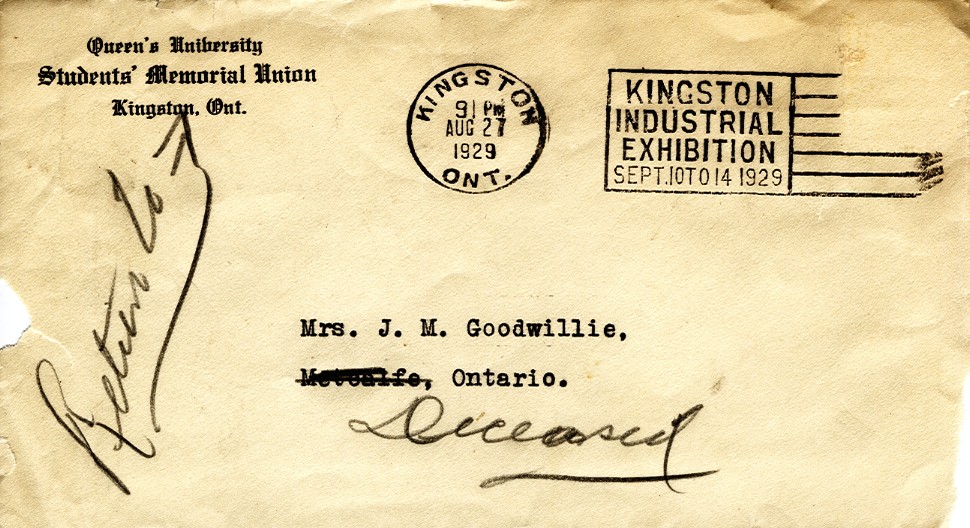 Post Card Addressed to Mrs. J.M. Goodwillie